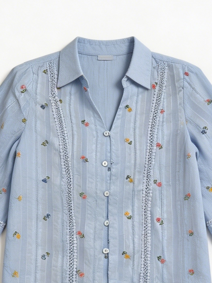 French Style White Floral Embroidered Shirt - Ruffle Sleeve Blouse  AN-710006