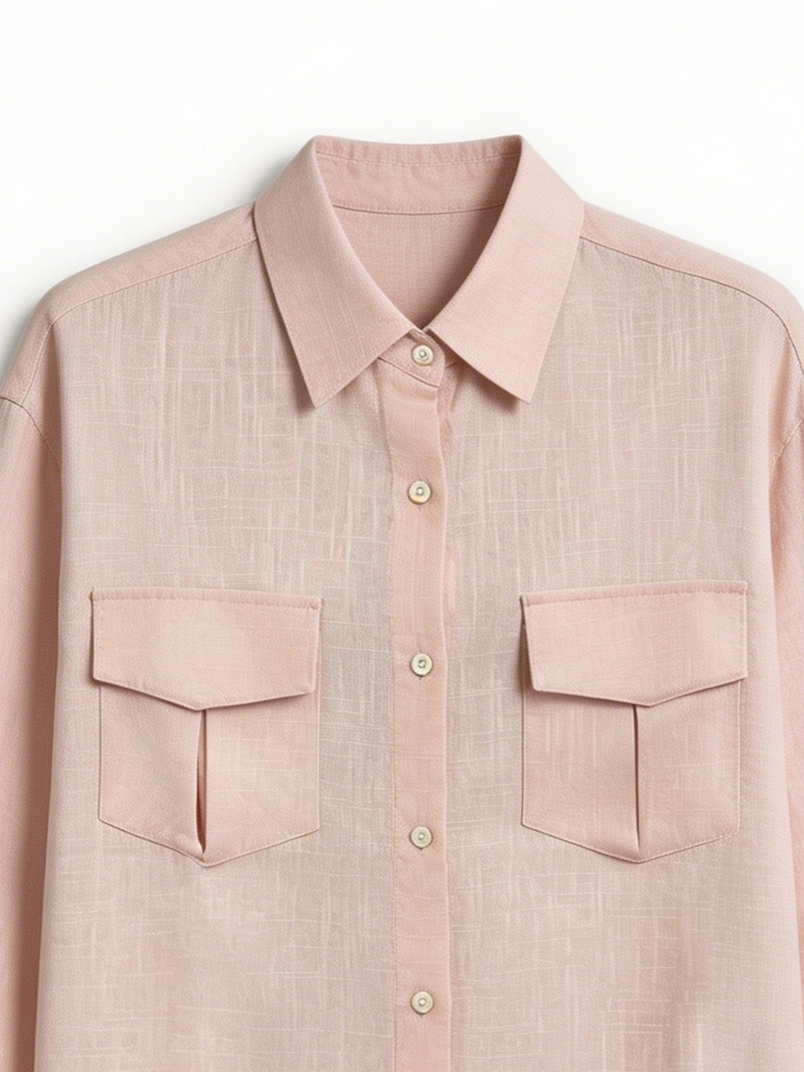 Elegant Pink Relaxed Fit Shirt - Double Pocket Office Blouse  S-2526