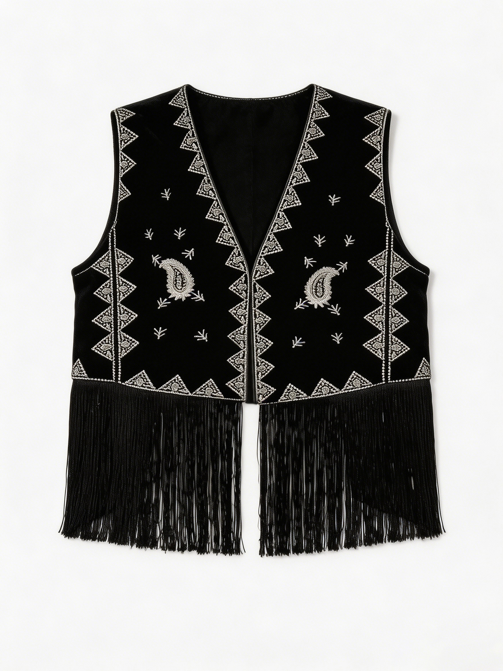 Boho Black Velvet Embroidered Fringe Vest AN-980011
