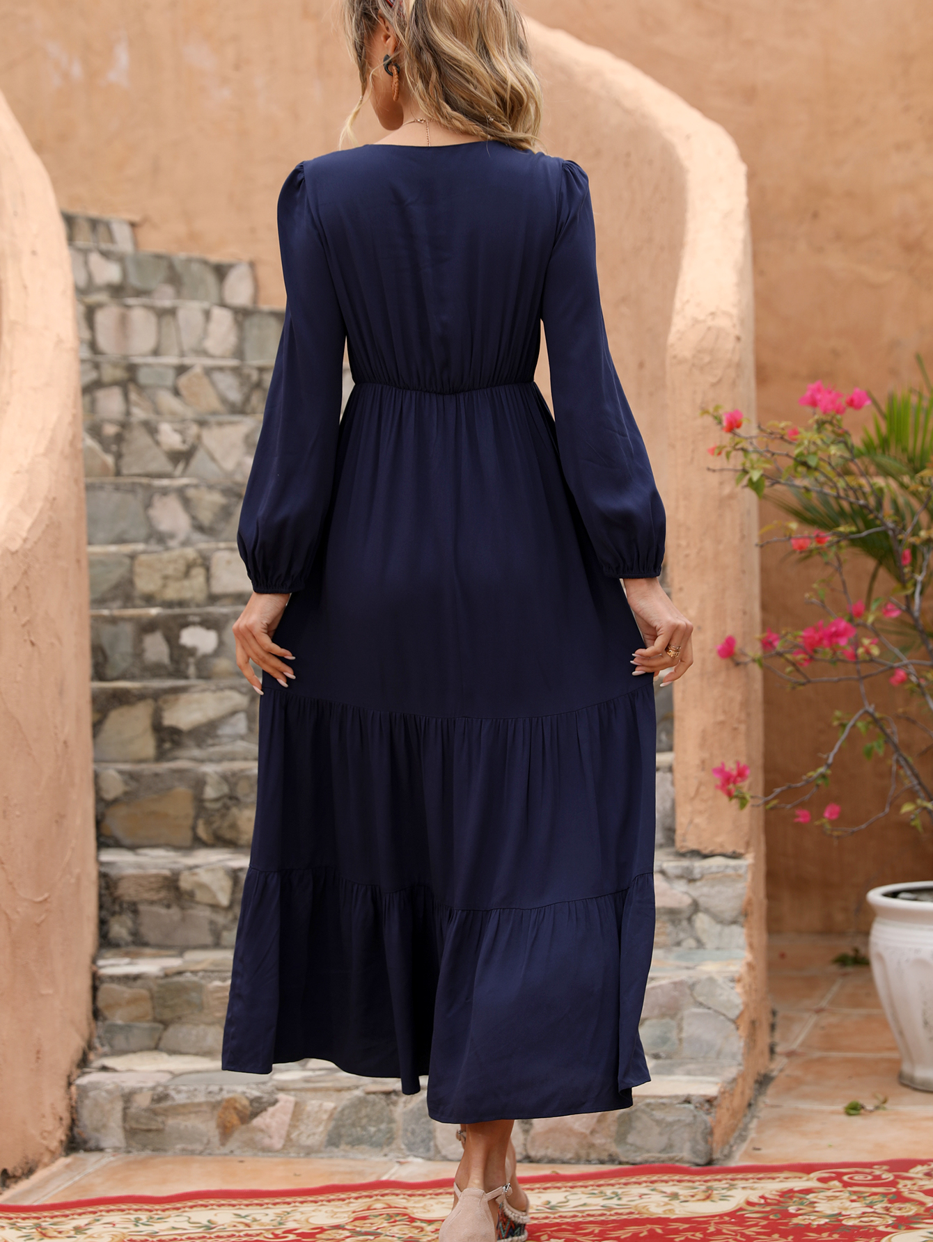 Navy Embroidered Bohemian Midi Dress for Women – Long Sleeve Fall Dress D-34131