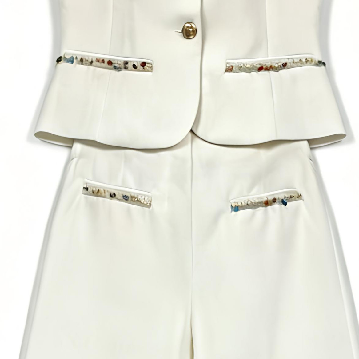 White Tweed Pearl Beaded Vest Wide Leg Pants Set - Luxury Office Outfit YB-029