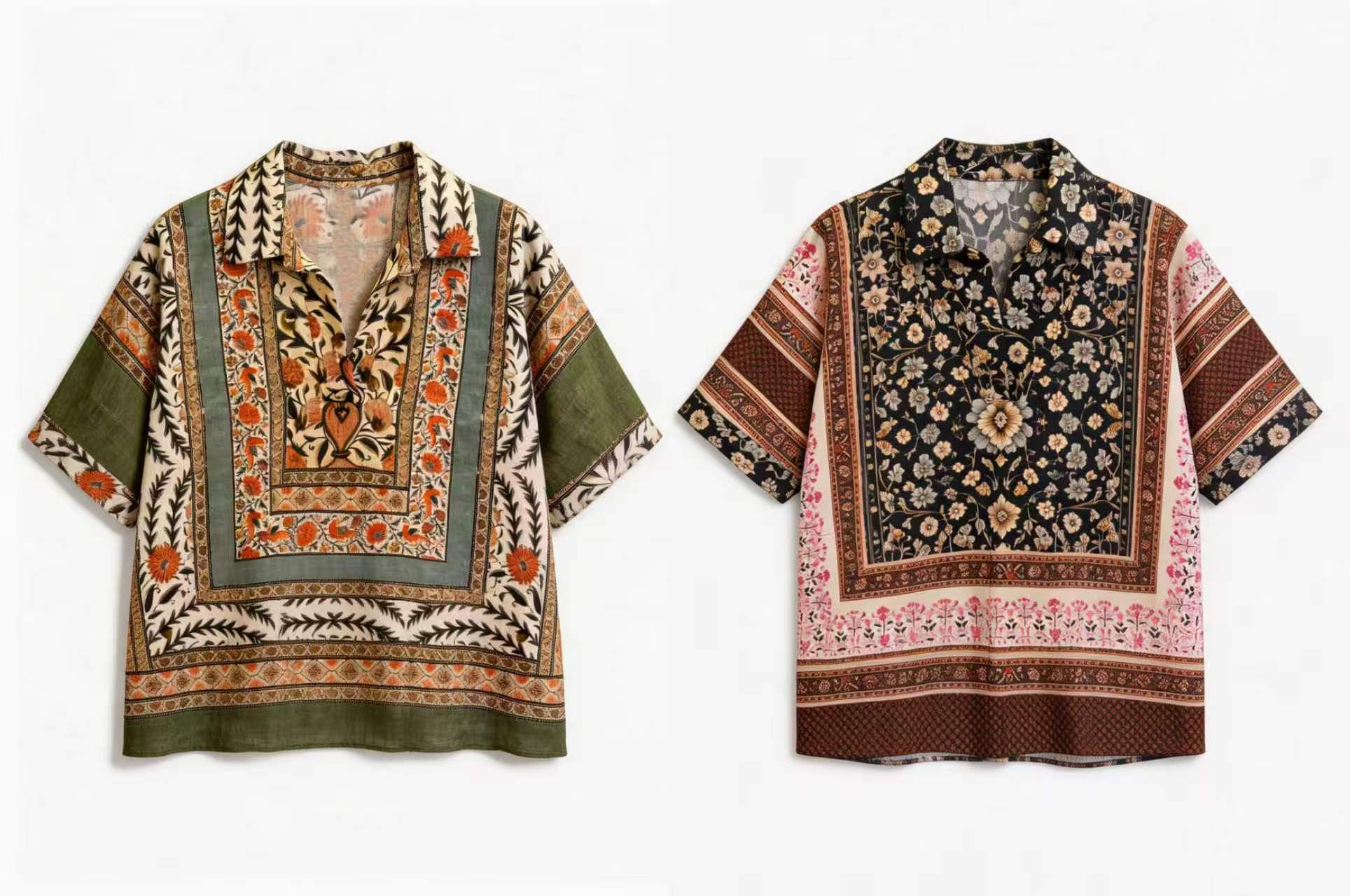 Boho Scarf Print V-Neck Camp Collar Relaxed Shirt AN-620049