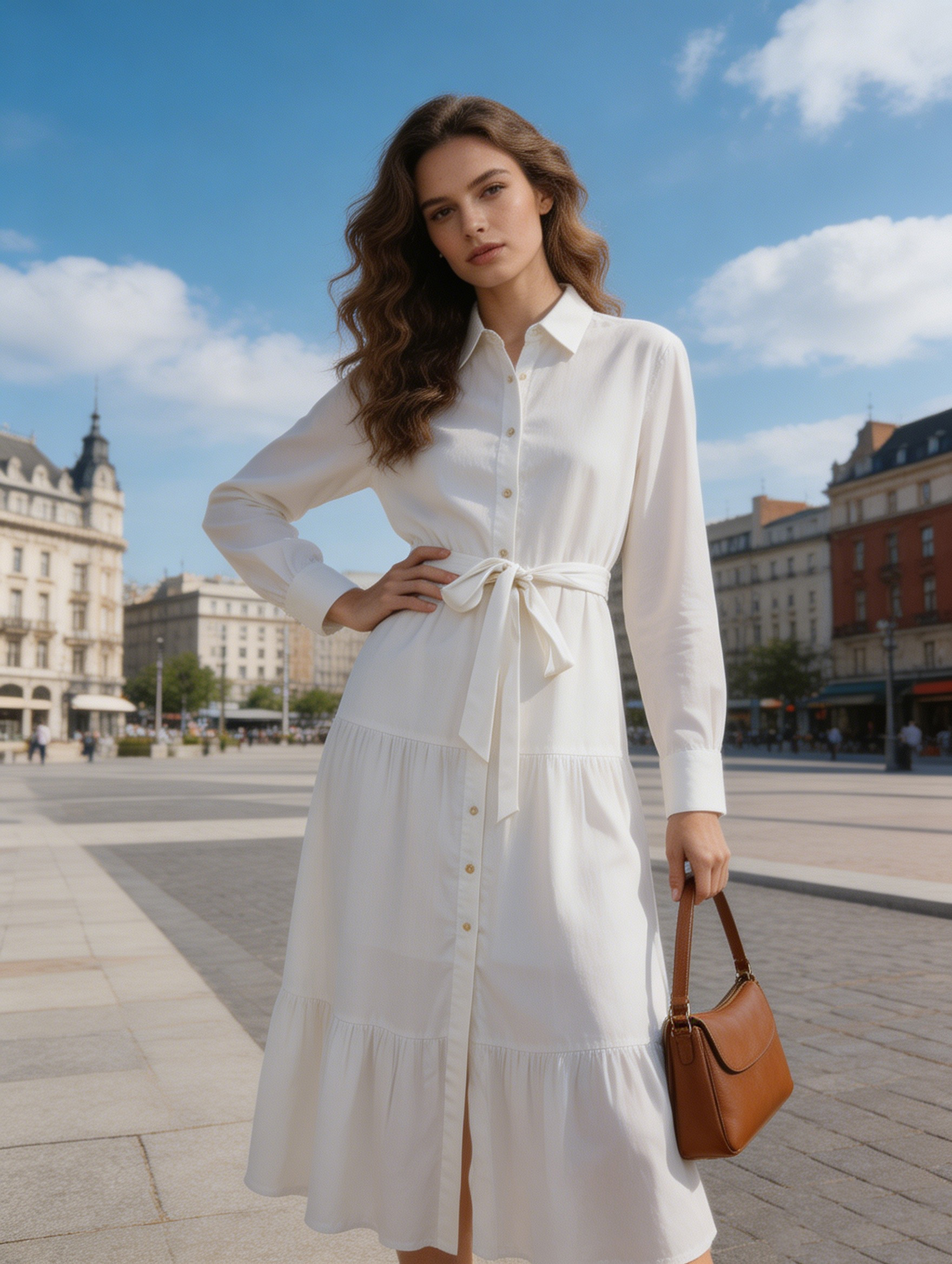 Classic White Shirt Dress - High-Waisted Belted Midi Dress S-2527