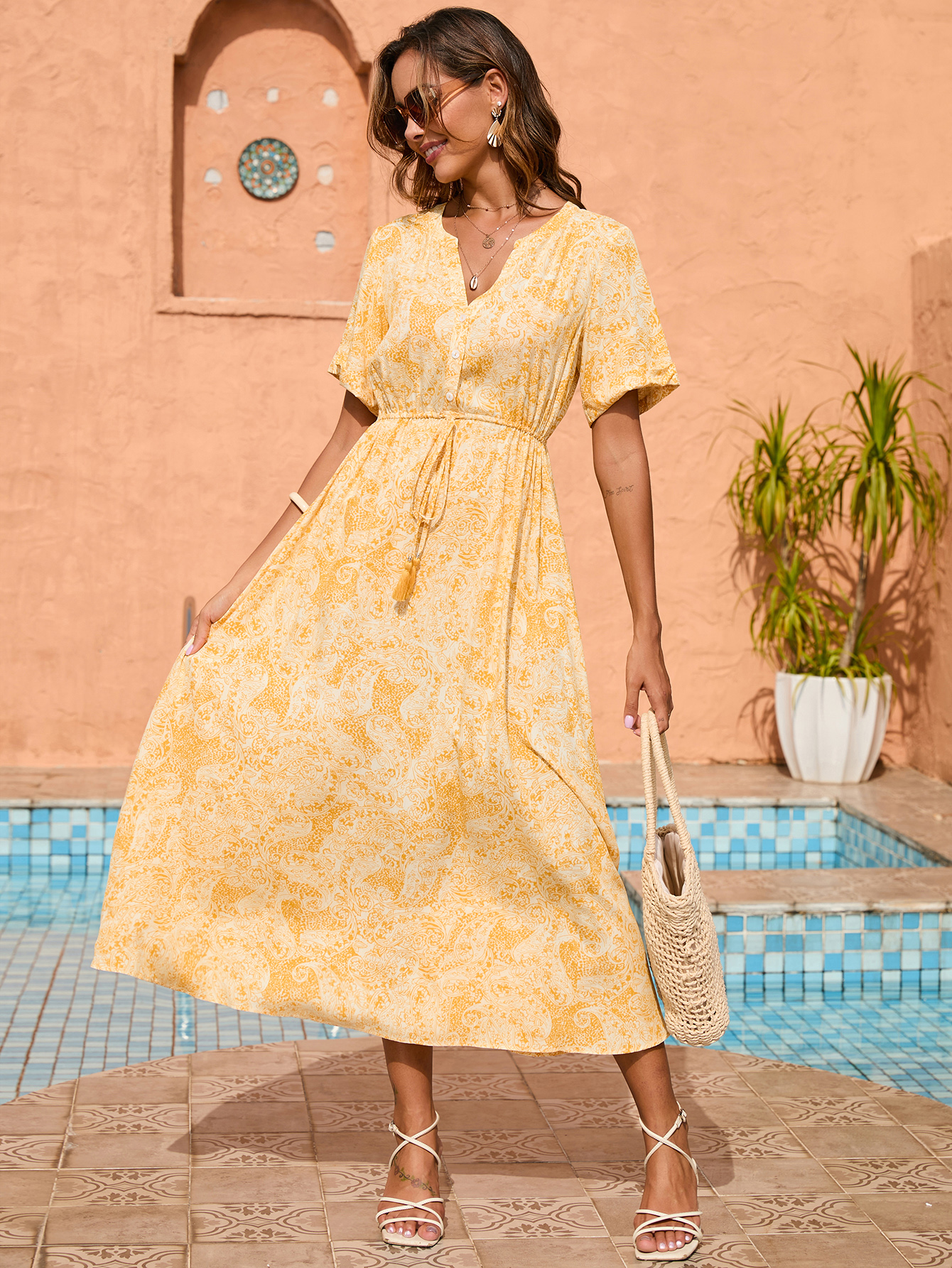 Women’s Summer Yellow Paisley Print Midi Dress D-35525