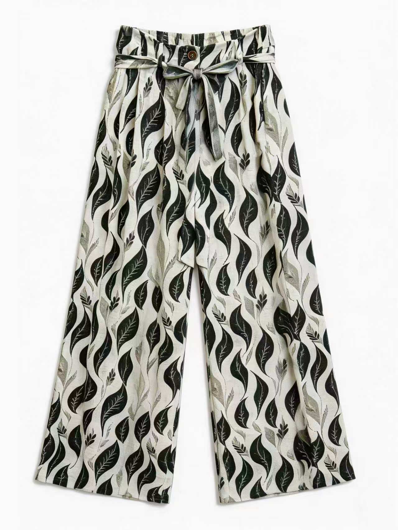 Minimalist High-Waisted Leaf Print Pants with Self-Tie Belt AN-750012