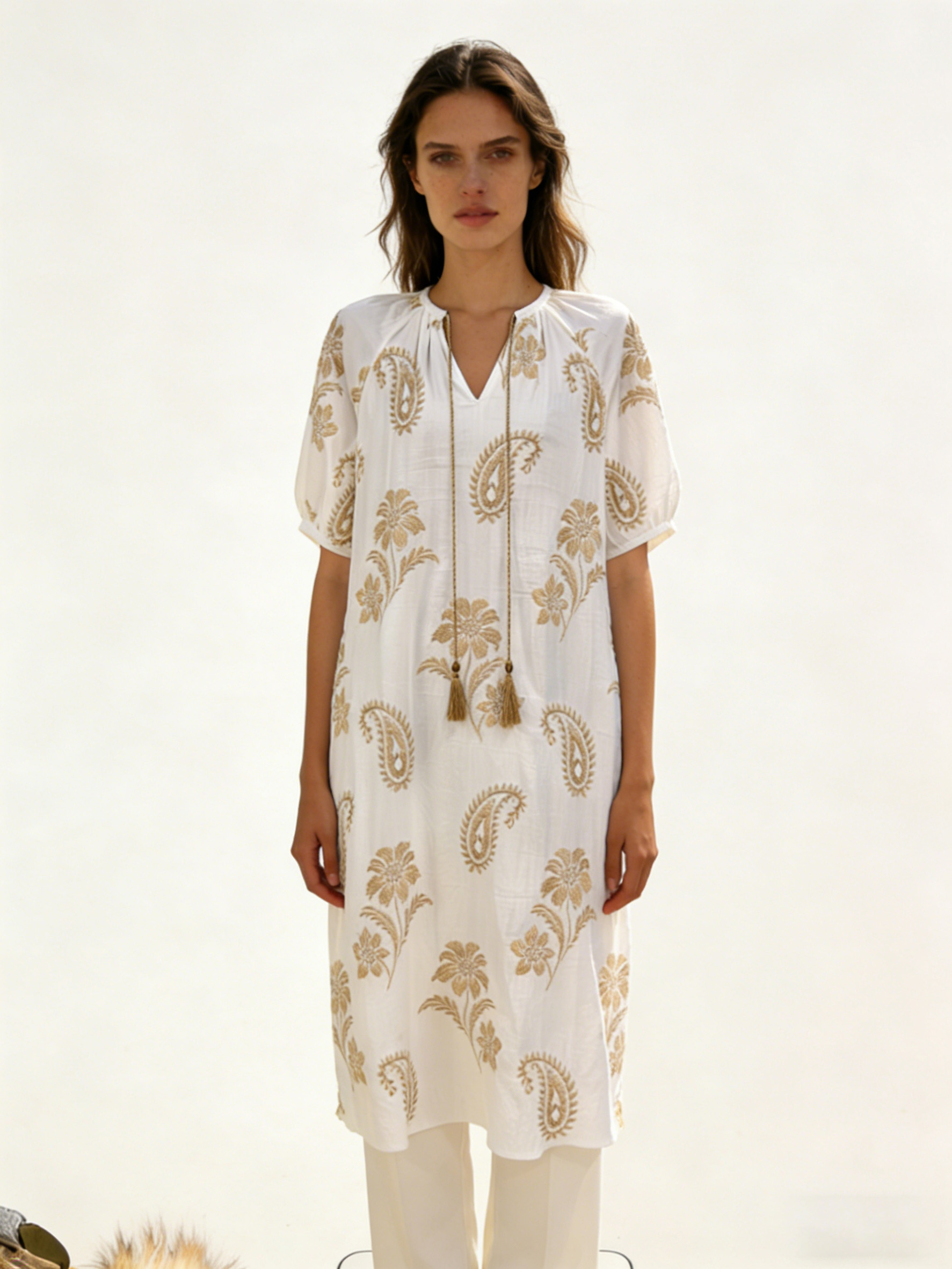  Women's Boho Chic White Midi Dress with Gold Paisley Embroidery and Tassel Tie C-42574