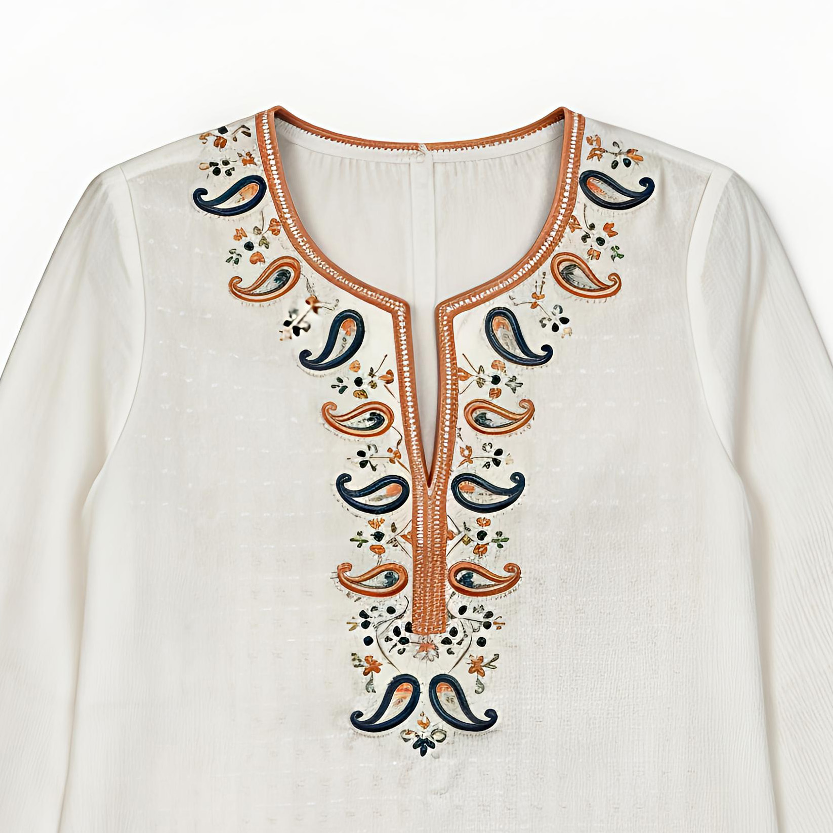 White Paisley Embroidered V-Neck Blouse - Boho Ethnic Top AN-650009