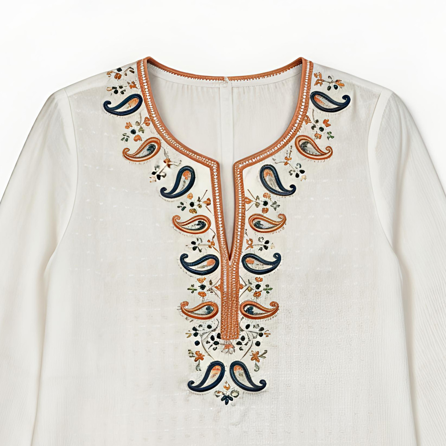 White Paisley Embroidered V-Neck Blouse - Boho Ethnic Top AN-650009