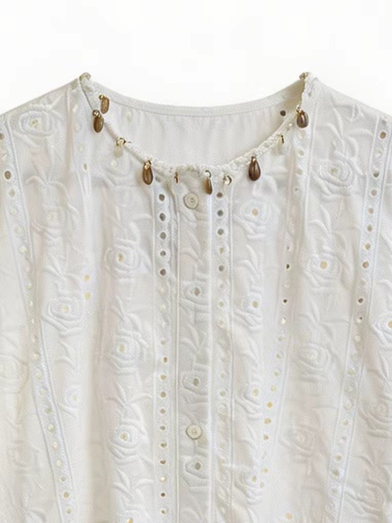 Minimalist Embroidered Eyelet Blouse with Beaded Trim AN-750013