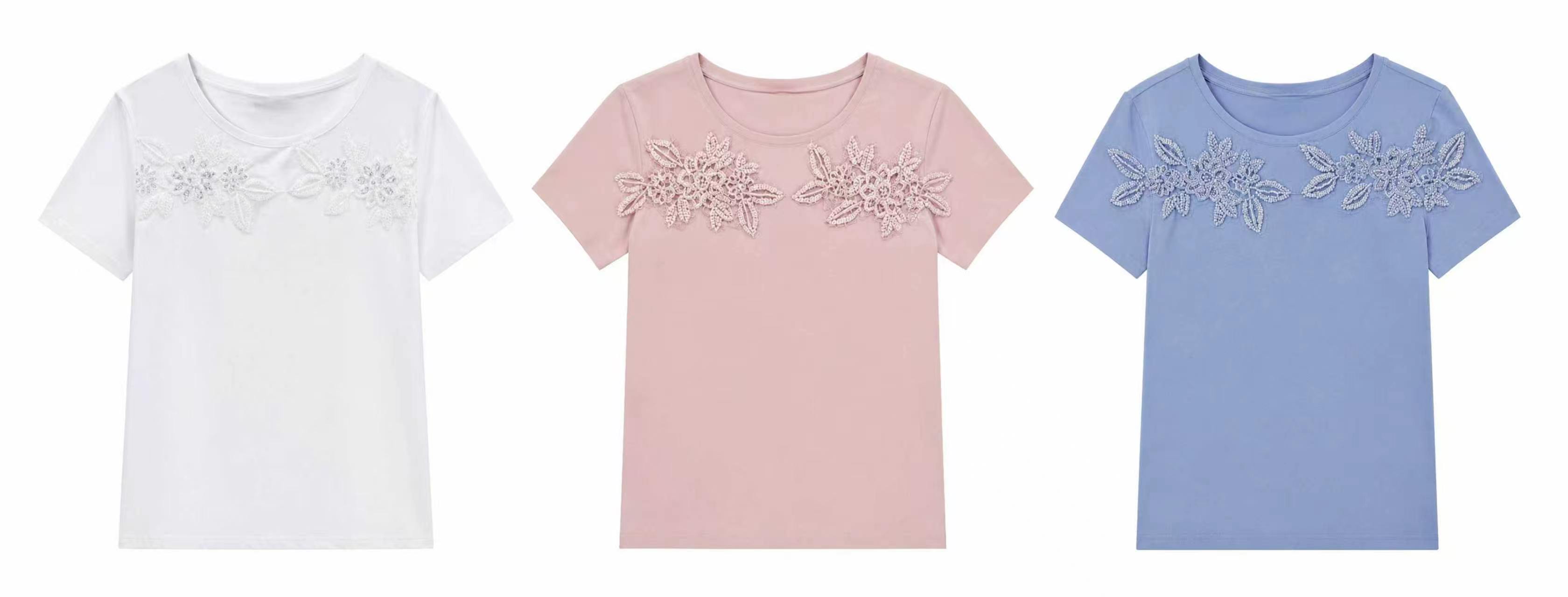 Women’s Pearl Beaded Floral Applique Short Sleeve T‑Shirt AN-750002