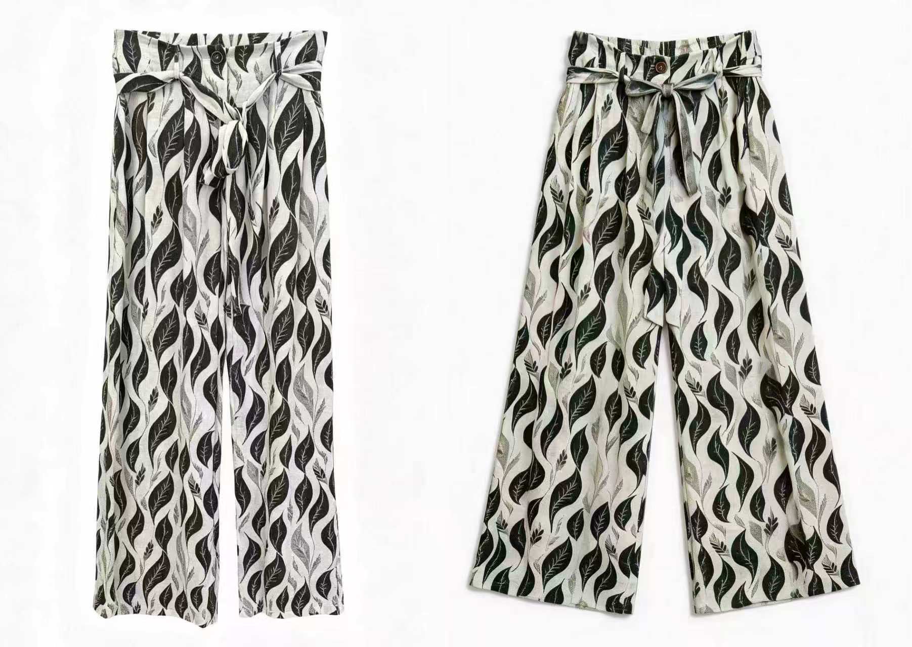 Minimalist High-Waisted Leaf Print Pants with Self-Tie Belt AN-750012