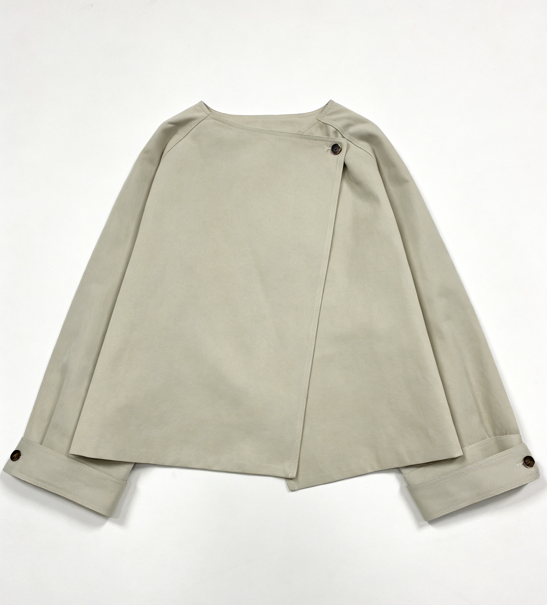 Elegant Light Beige Office Blouse - Raglan Sleeve Wrap Top  57682