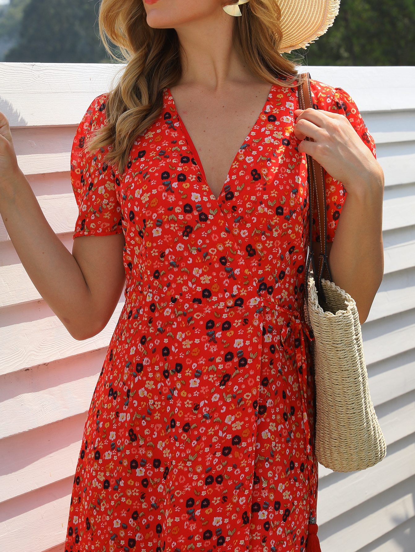 Women’s Red Floral Wrap V-Neck Midi Dress W-32068