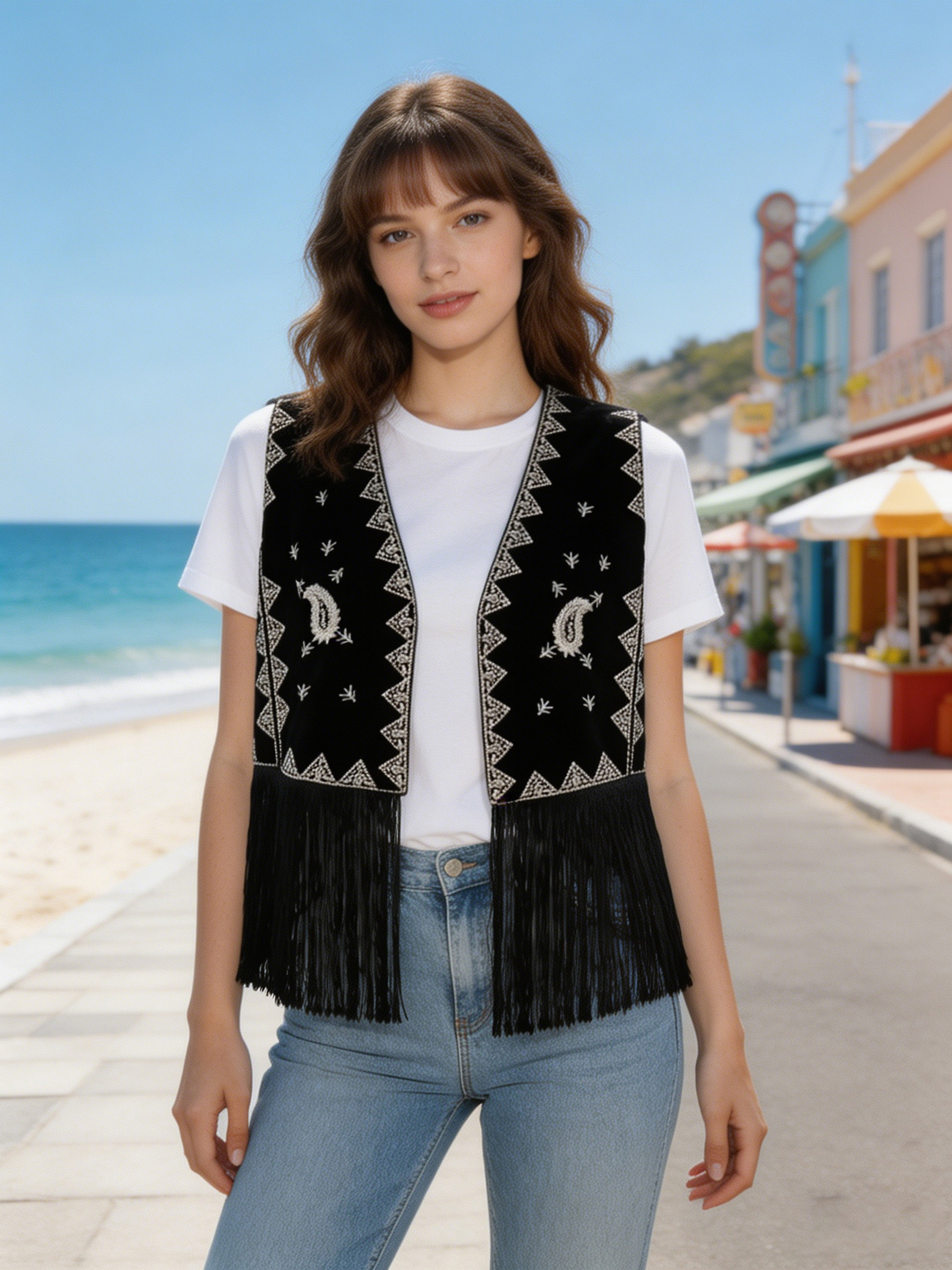 Boho Black Velvet Embroidered Fringe Vest AN-980011