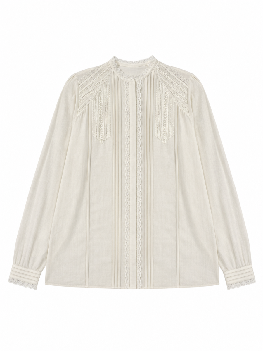 Vintage Lace‑Accent Pintuck Blouse W-43495