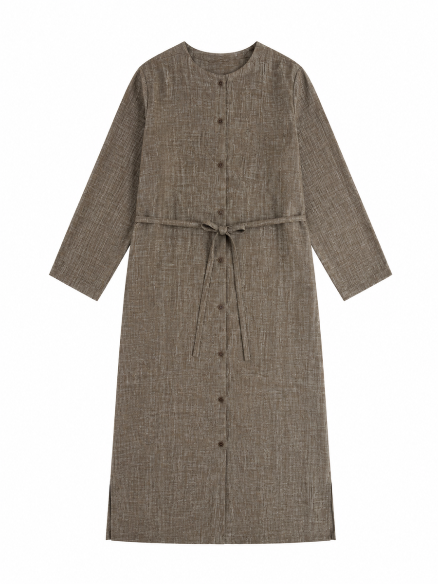 Women Linen Long‑Sleeve Midi Shirt Dress A-43182
