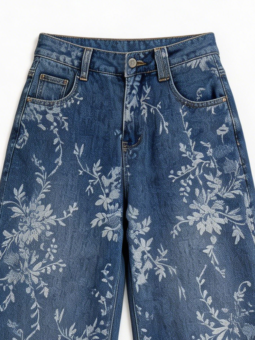 Spring Floral Wide Leg Jeans High Waist Printed Denim for Women ZY6021