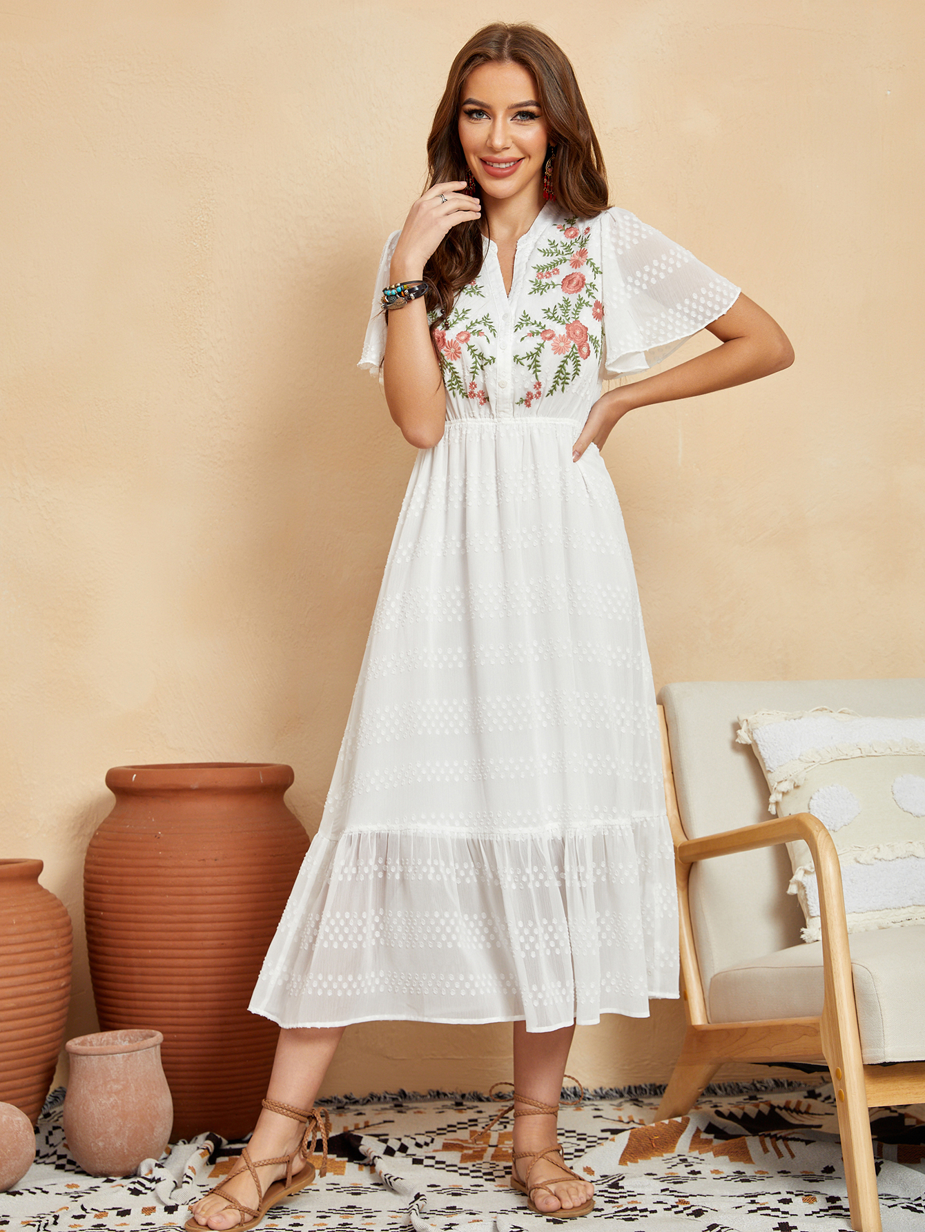 Women’s Boho Embroidered Flutter Sleeve Tiered Midi Dress D-34763