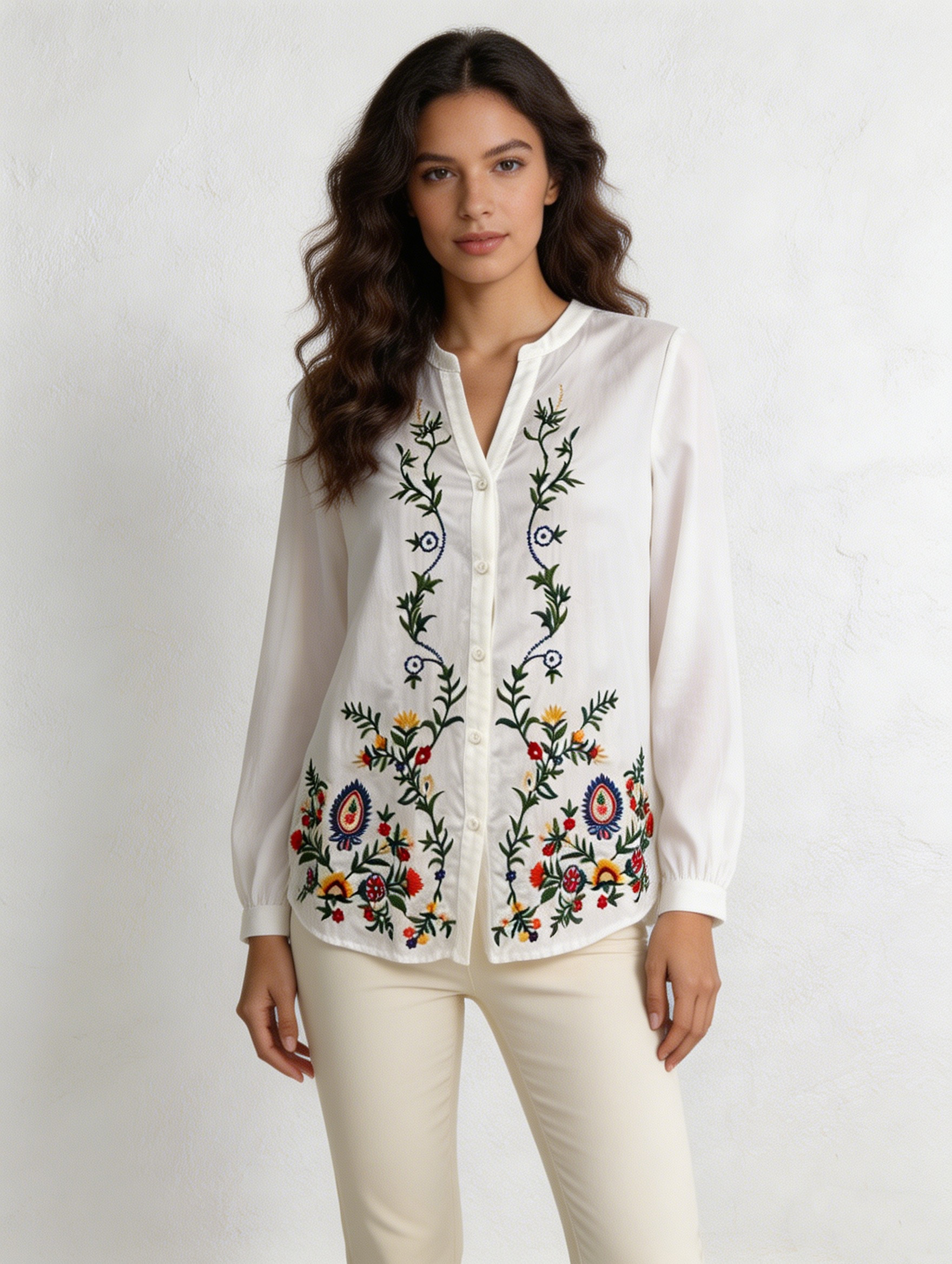 Boho Chic Long Sleeve Button Down Top - Ethnic Style Flower Embroidered Blouse D-39046