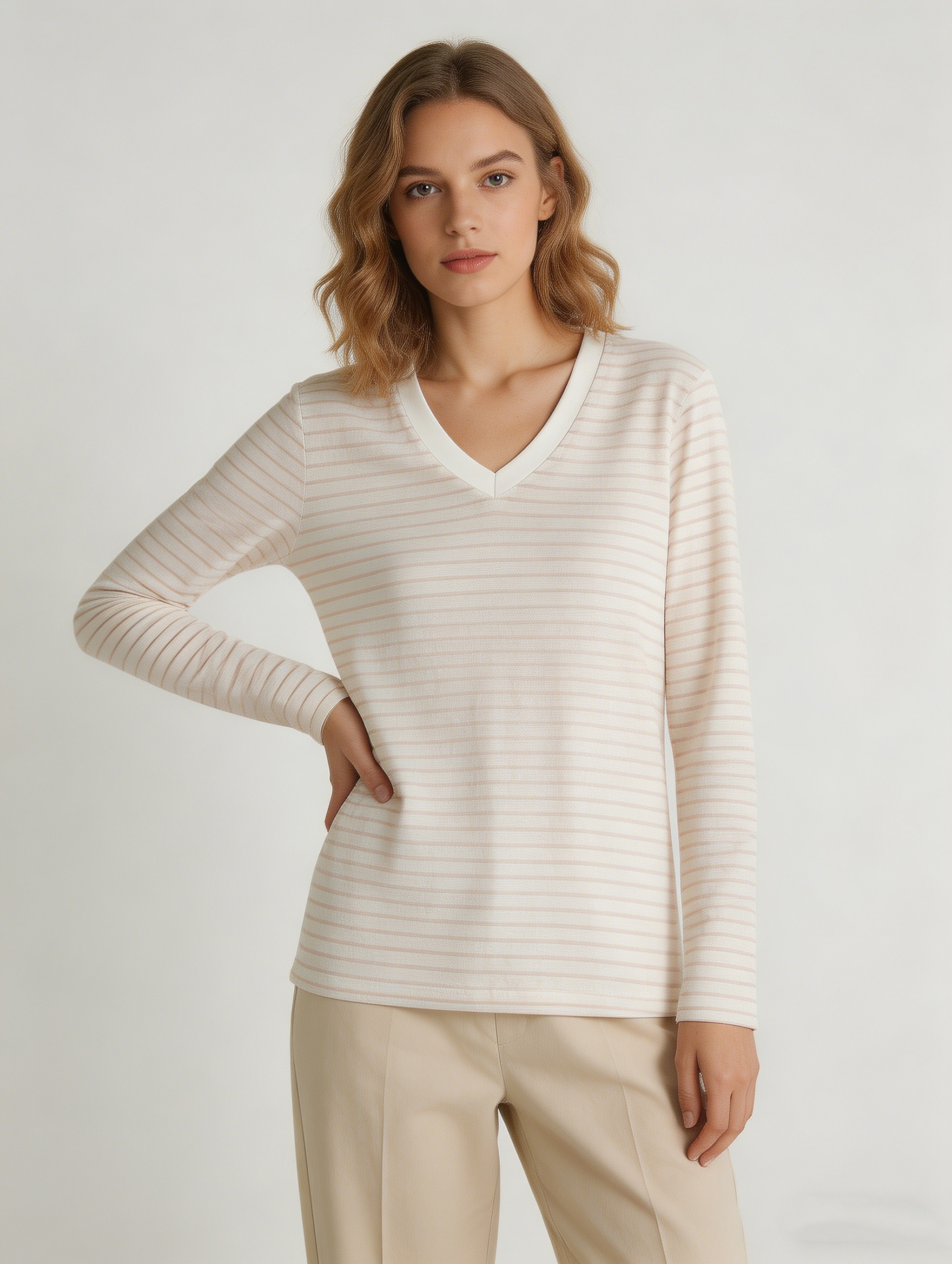Women's Stripe V-Neck Long Sleeve T-Shirt - Soft Knit Top  AN-710004