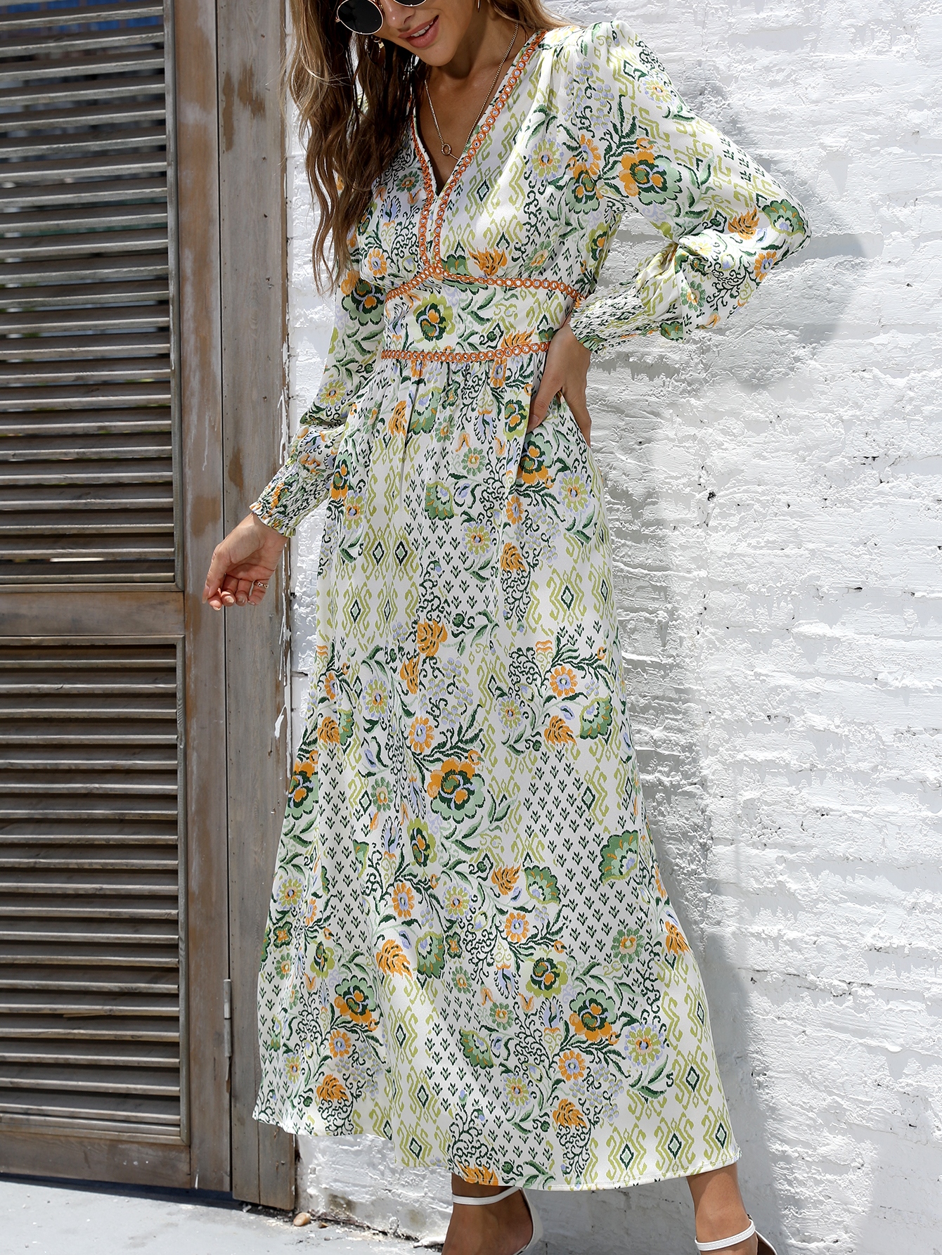 Boho Floral V-Neck Long Sleeve Empire Waist Midi Maxi Dress W-33174