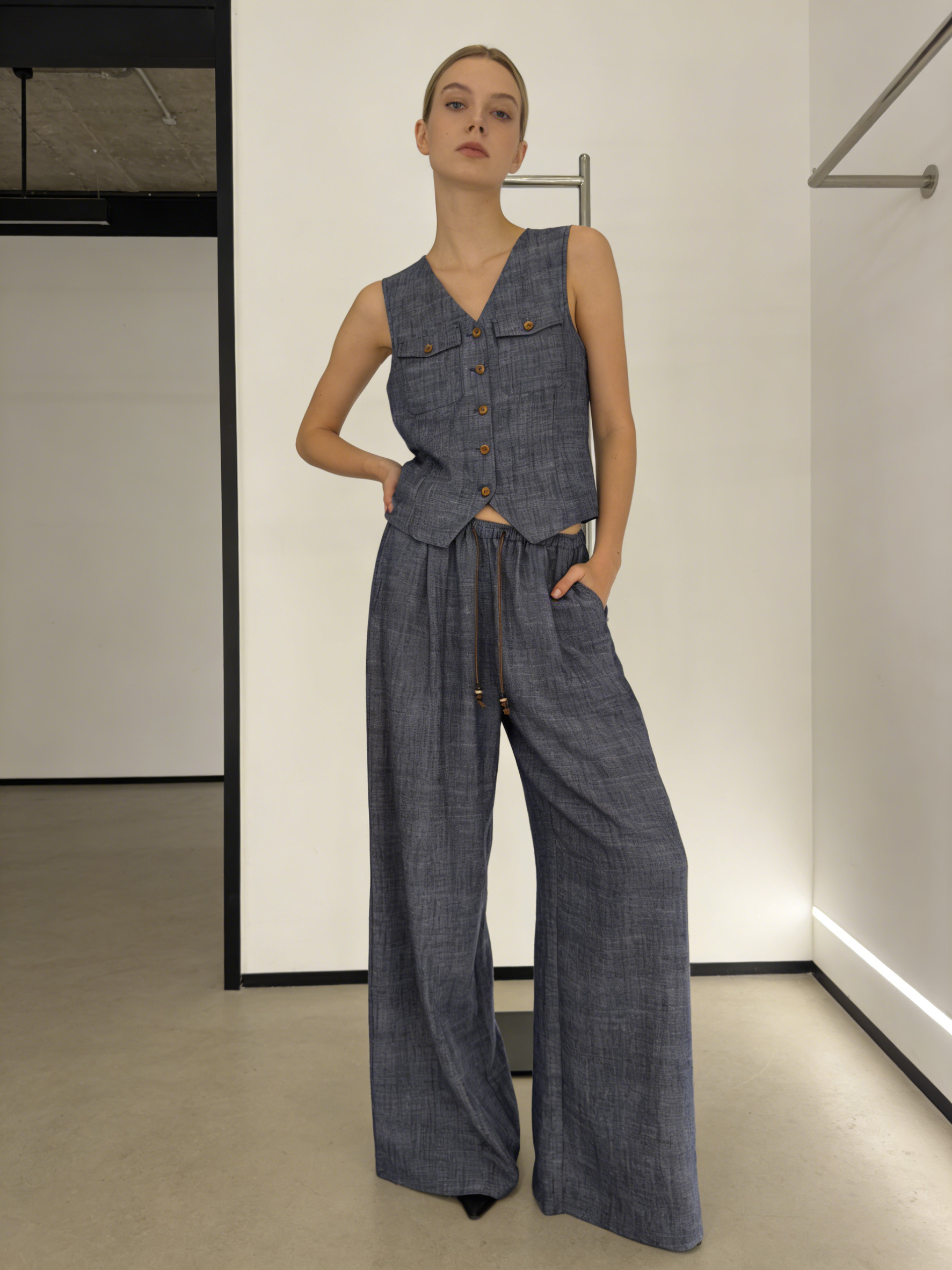 Boho Blue Grey Linen Suit - V-Neck Vest & Drawstring Wide Leg Pants  C-41743A+C-41763A