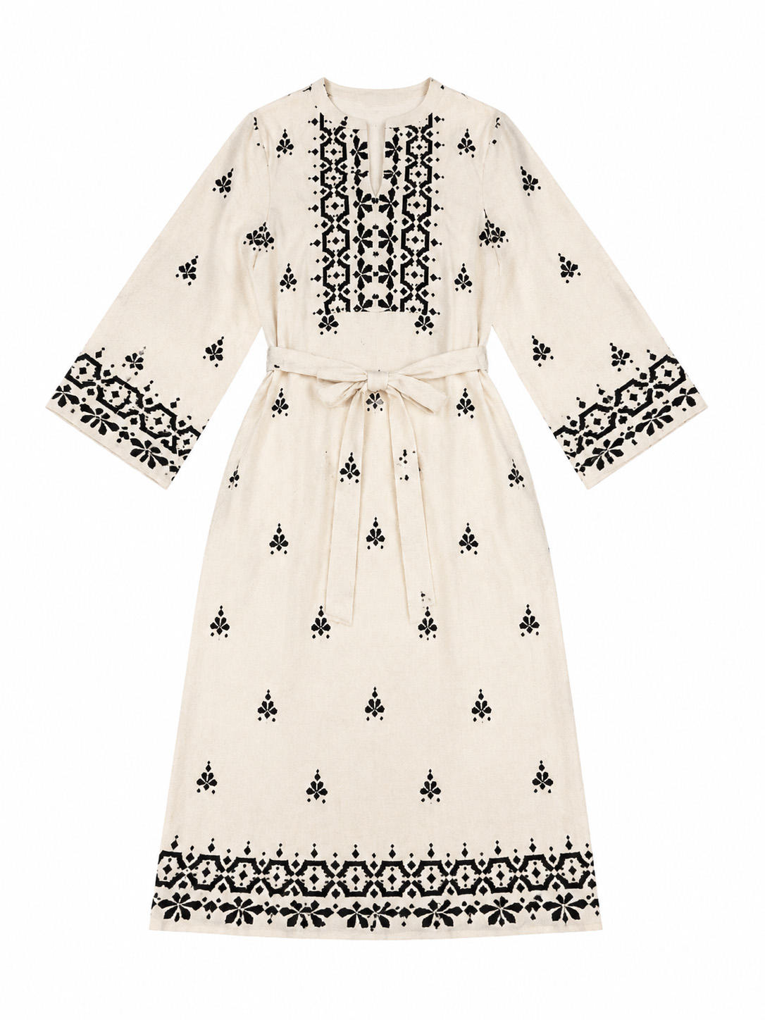 Women's Ivory Folk Embroidered Tie-Waist Dress W-40009