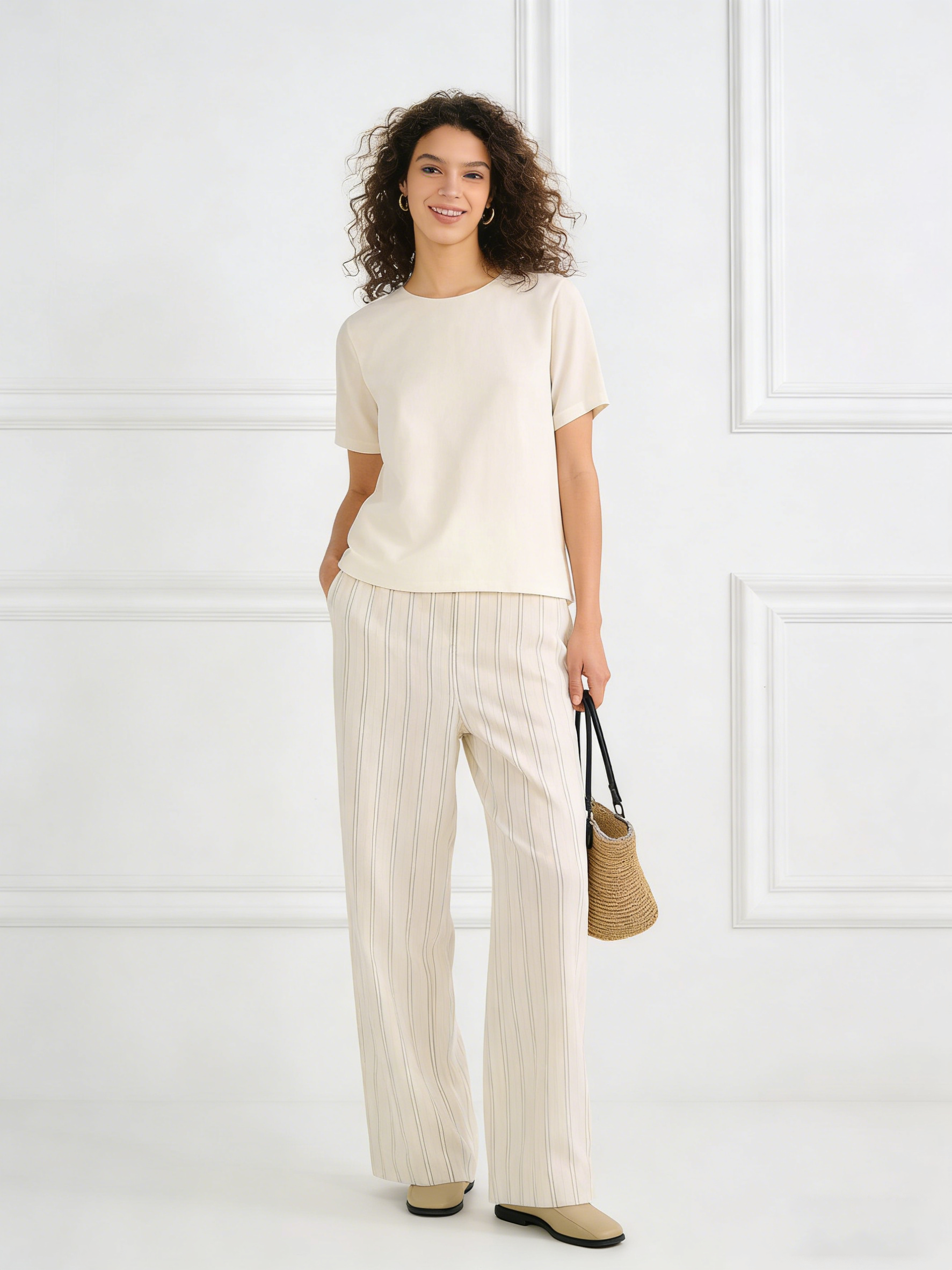 Minimalist Off-White Stripe Wide Leg Pants - High Waist Elastic Casual Trousers  A-40253
