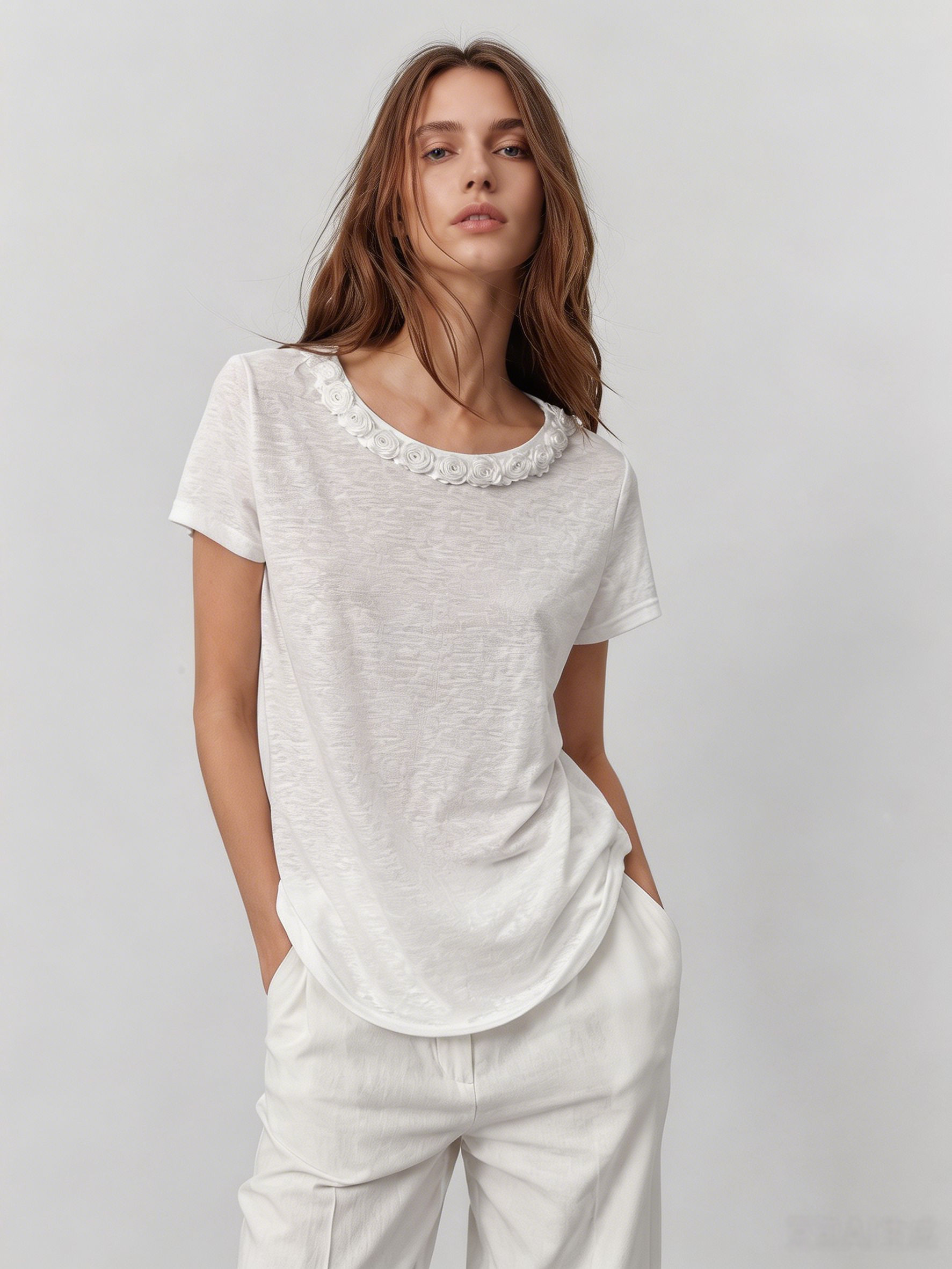 3D Floral Embellished Slub Top Curved Hem Romantic Summer White Blouse M-42287