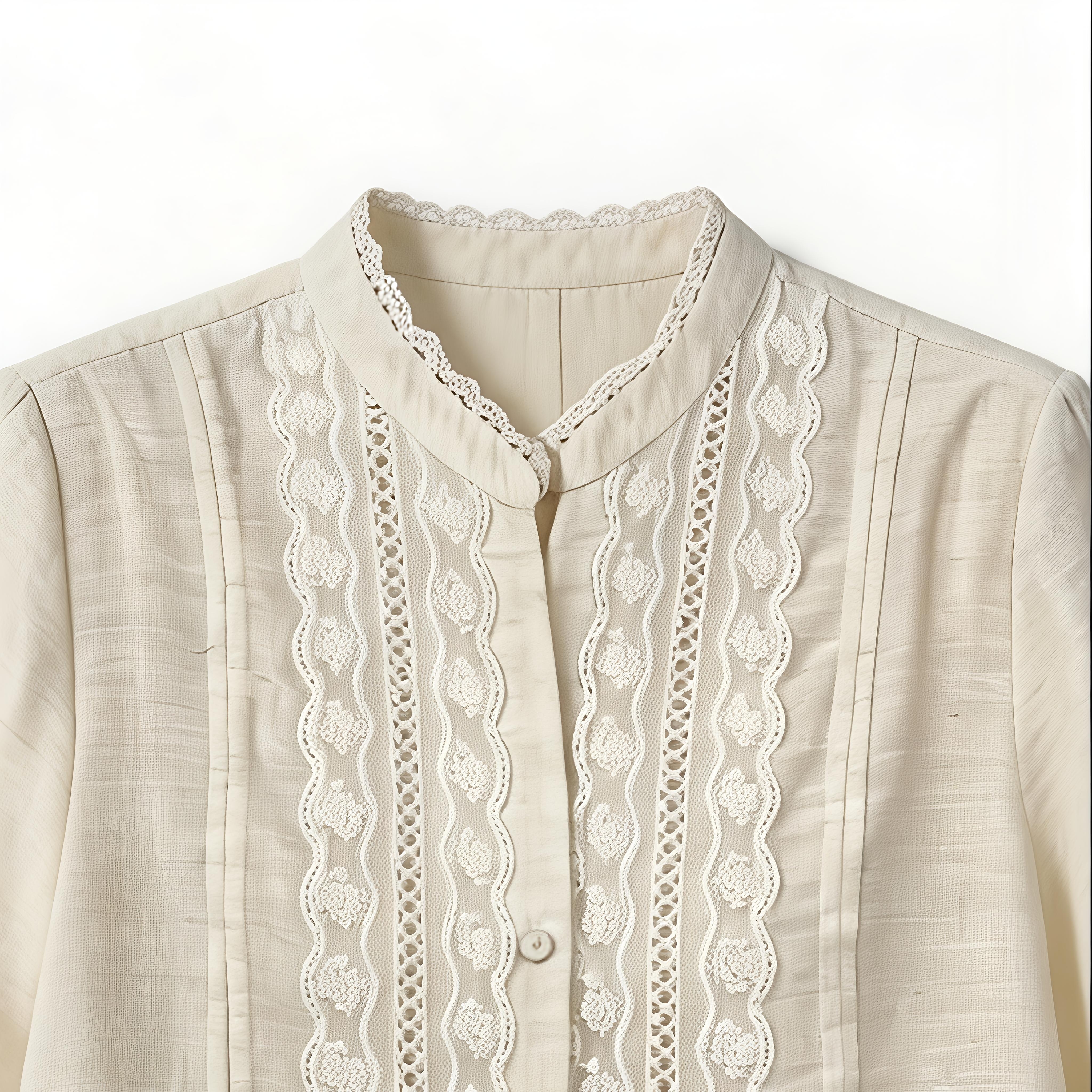 Women’s Vintage Lace Blouse – Cotton Linen Stand Collar Elegant Summer Top W-32702