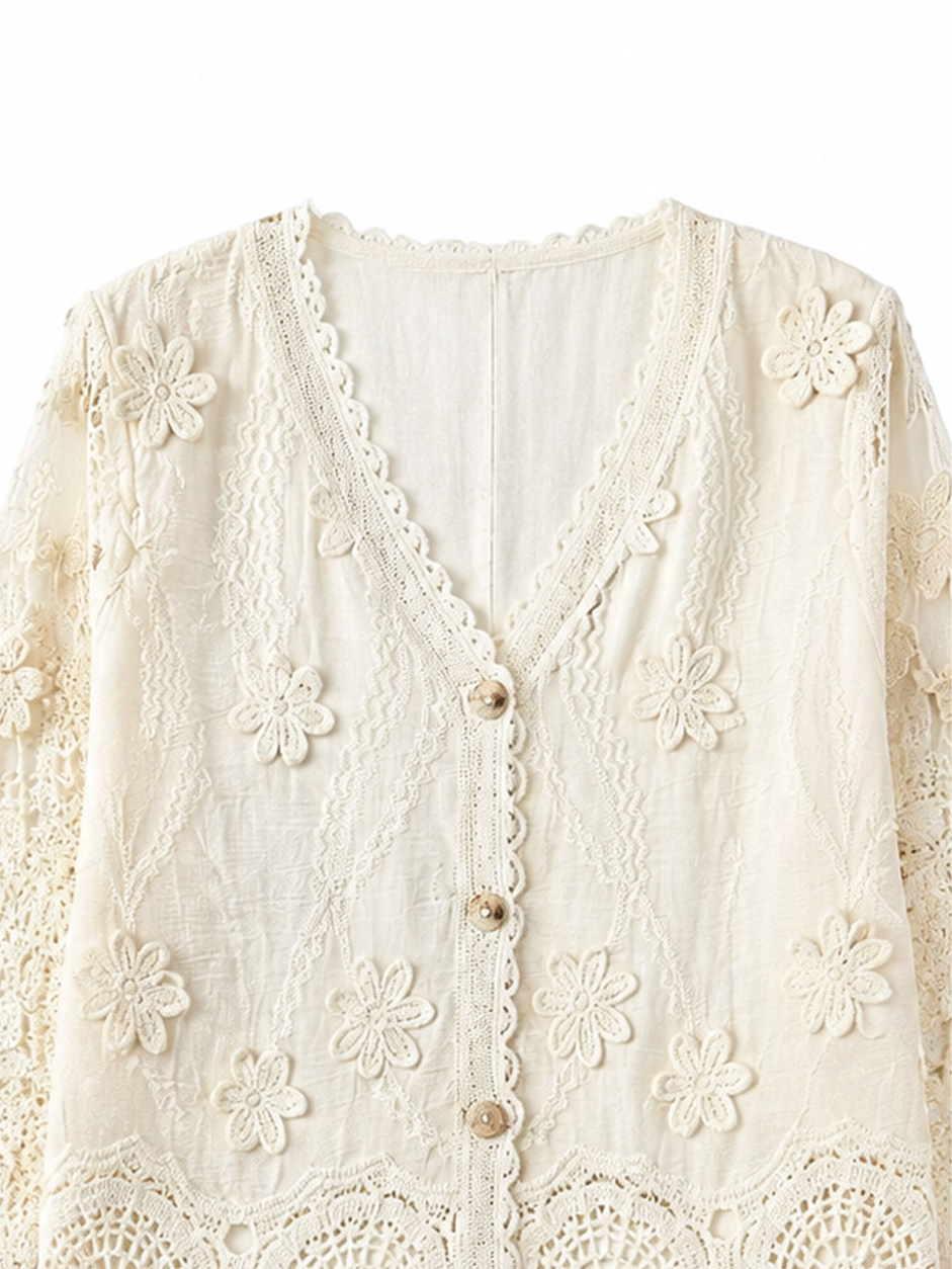 Women's V-Neck Floral Lace Button-Front Cardigan V38