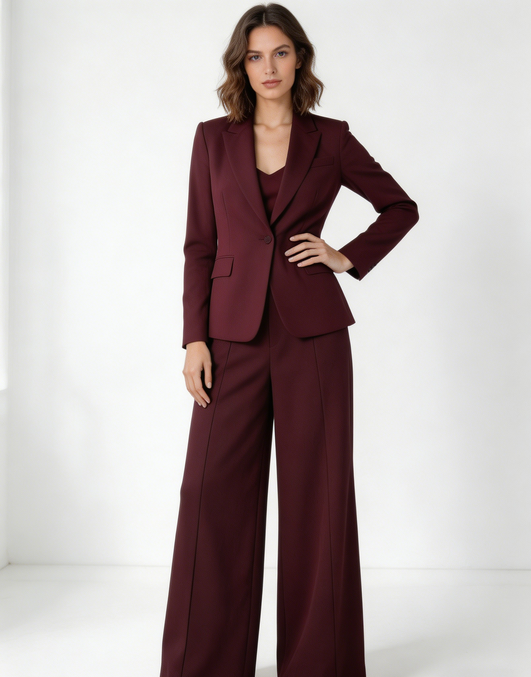 Elegant Wine Red Tailored Wide Leg Trousers C-42183