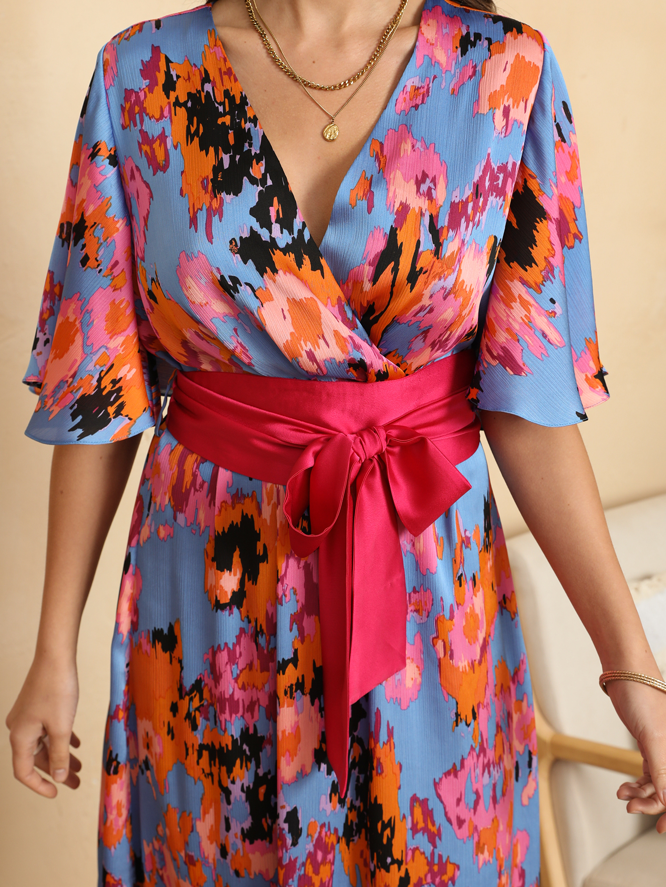 Vibrant Floral Wrap Belted Flutter Sleeve Maxi Dress W-32906