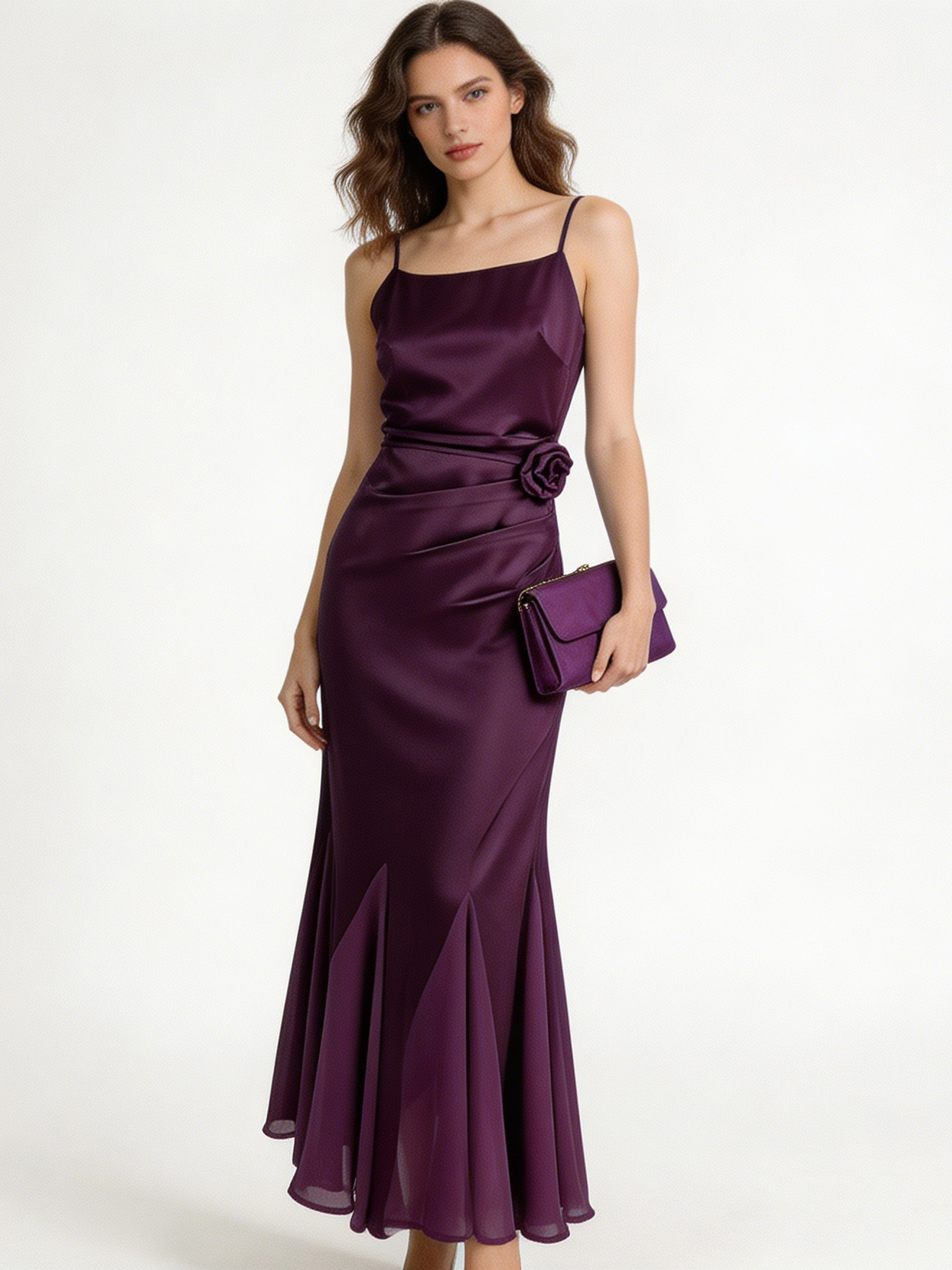 Wholesale Dark Purple Ruched Waist Maxi Dress Women 3D Flower Embellished Evening Gown L-38441