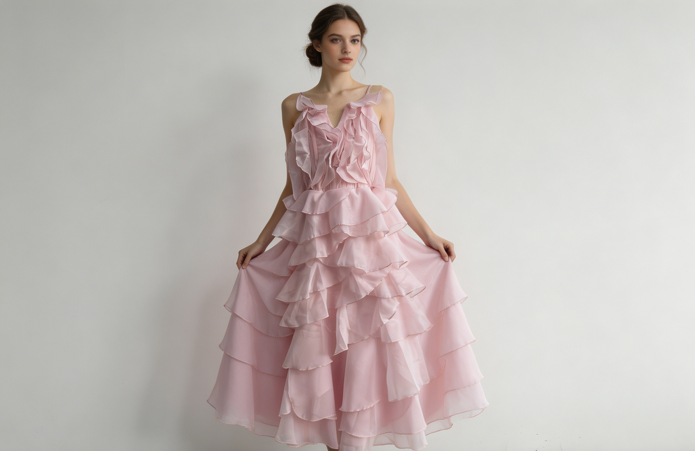 Pink Ruffle Tiered Midi Dress - Romantic Party Dress 5377