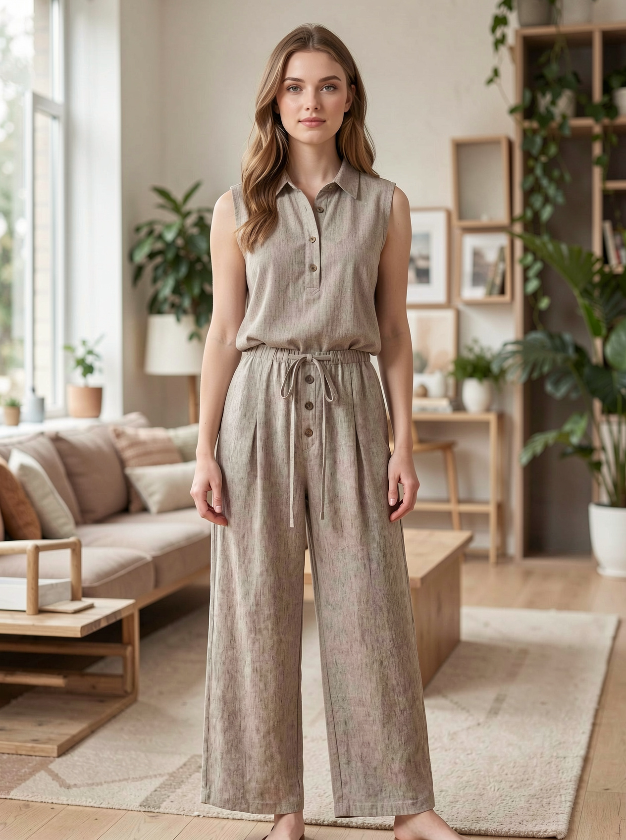 Women’s Casual Linen Elastic Waist Wide Leg Pants AN-760010