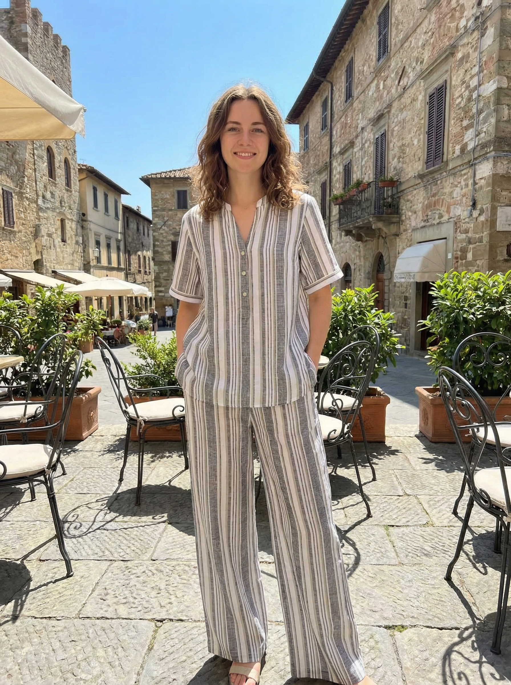 Women’s Linen-Look Striped Two Piece Lounge Set with Wide Leg Pants D-42149+D-40662