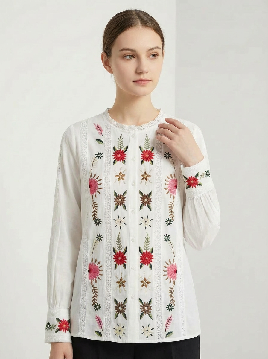 Boho Floral Embroidered Lace Panel Long Sleeve Women’s Blouse D-41966