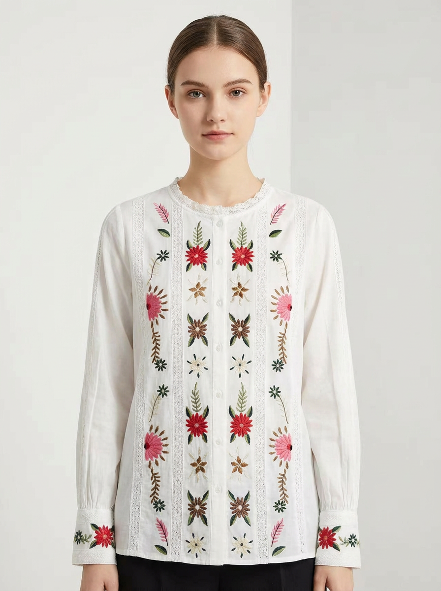 Boho Floral Embroidered Lace Panel Long Sleeve Women’s Blouse D-41966