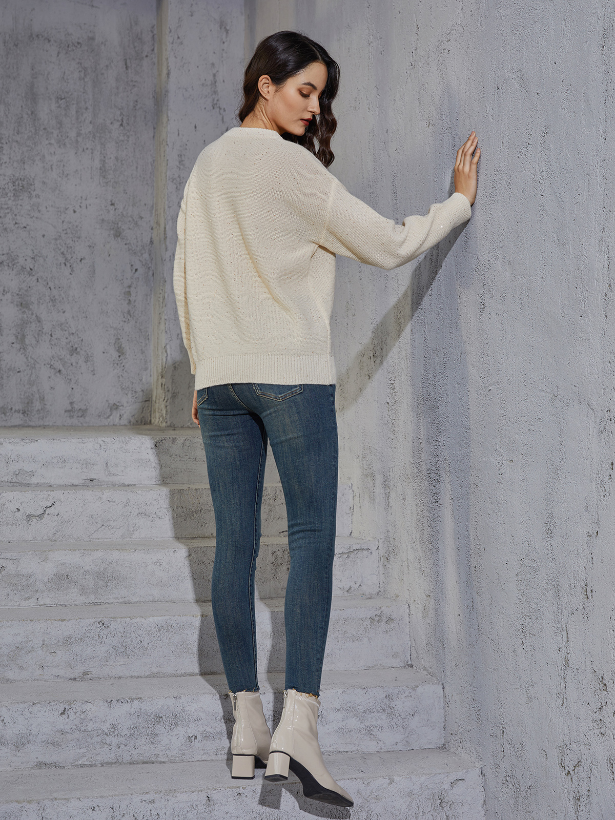 Beige Sequins CrewNeck Pullover Sweater