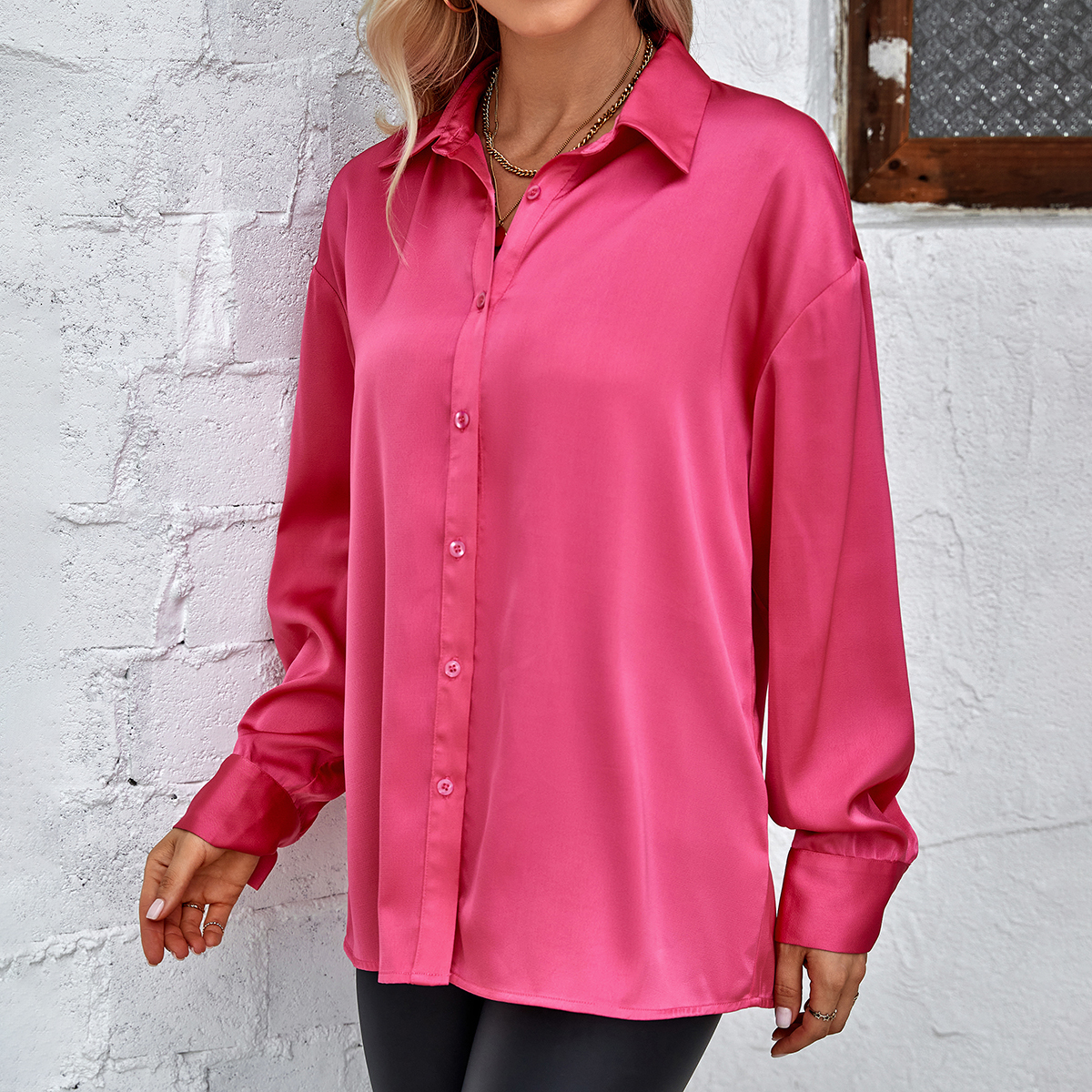 Women’s Solid Color Loose Fit Button Down Blouse FCT-D35850