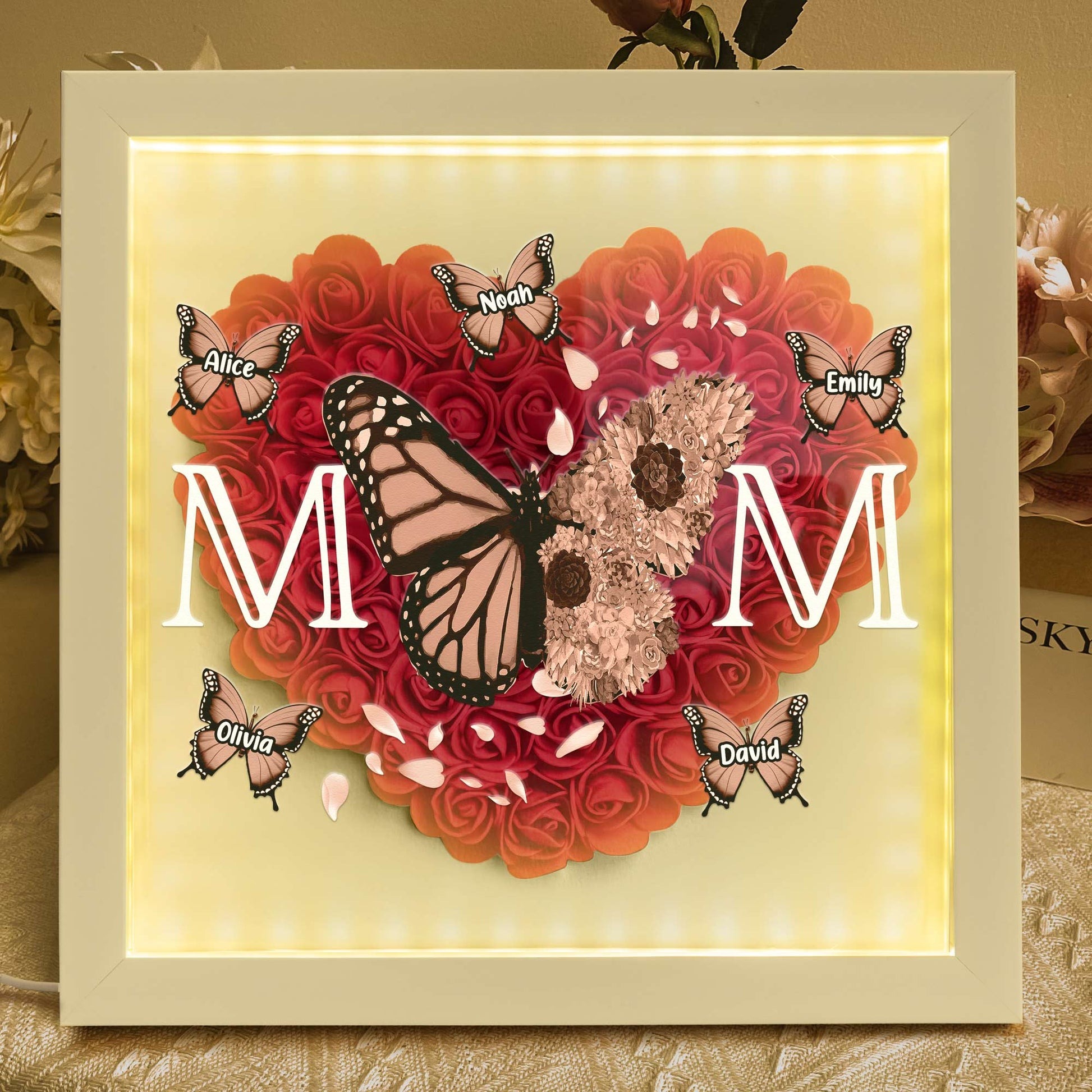 Mom - Butterfly Version - Personalized Flower Shadow Box With LED Light