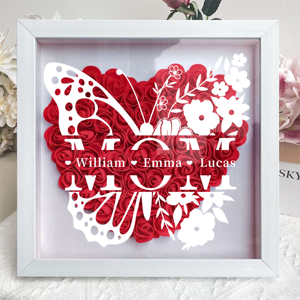 Where Butterflies Carry Your Love - Personalised Mom's Flower Shadow Box with Family Names
