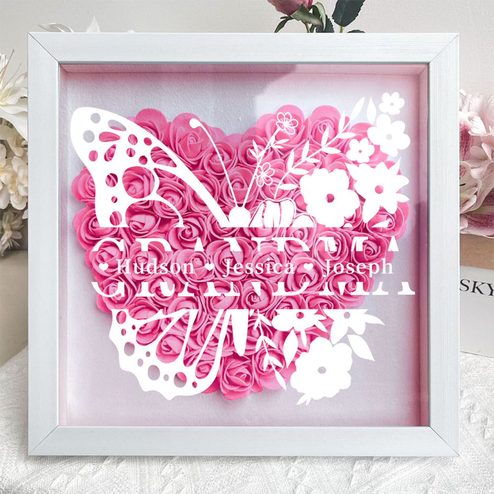 Where Butterflies Guard Your Love — Personalized Floral Shadow Box with Family Names & Timeless Blooms