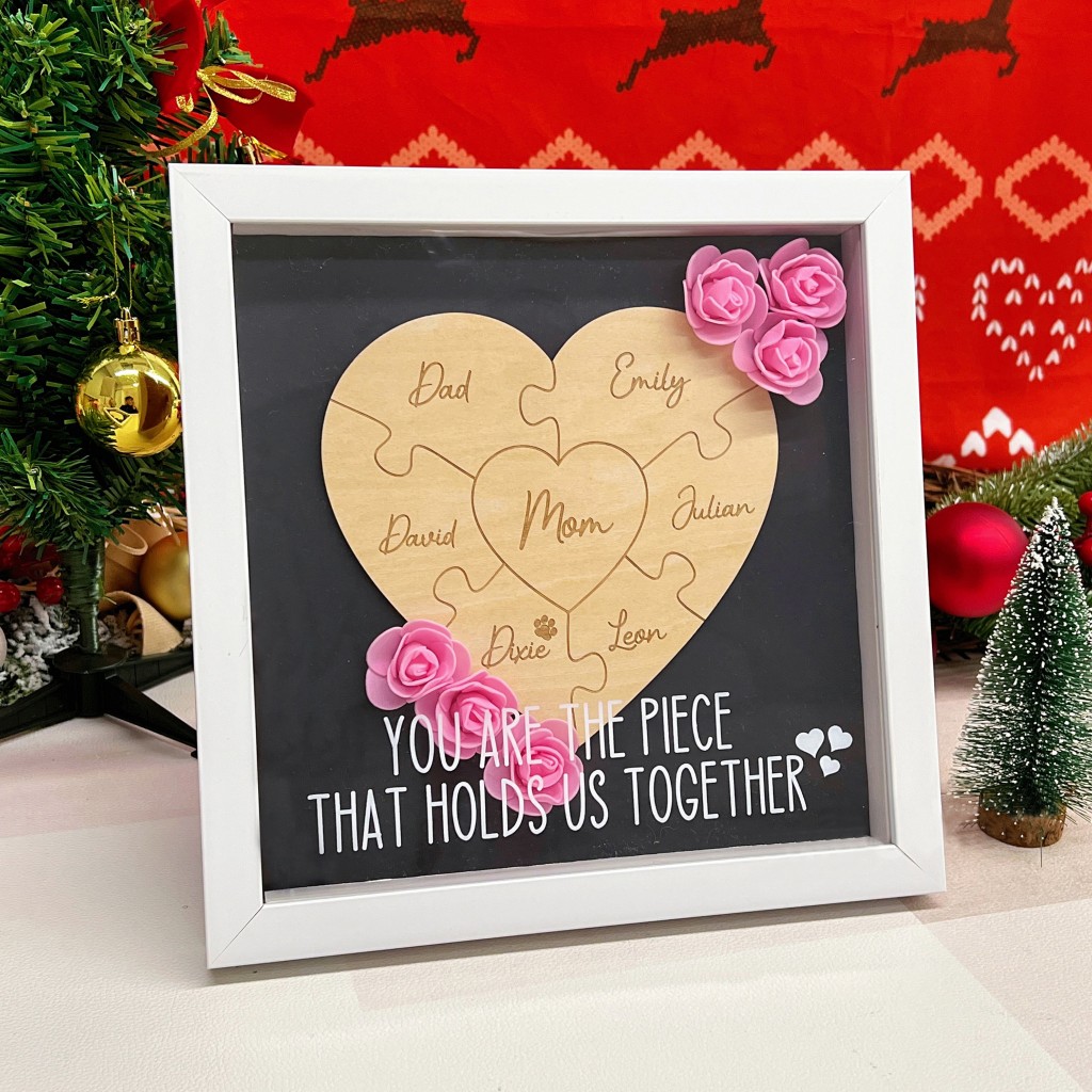 Personalized Mom Flower Shadow Box Heart Name Puzzle Piece For Christmas