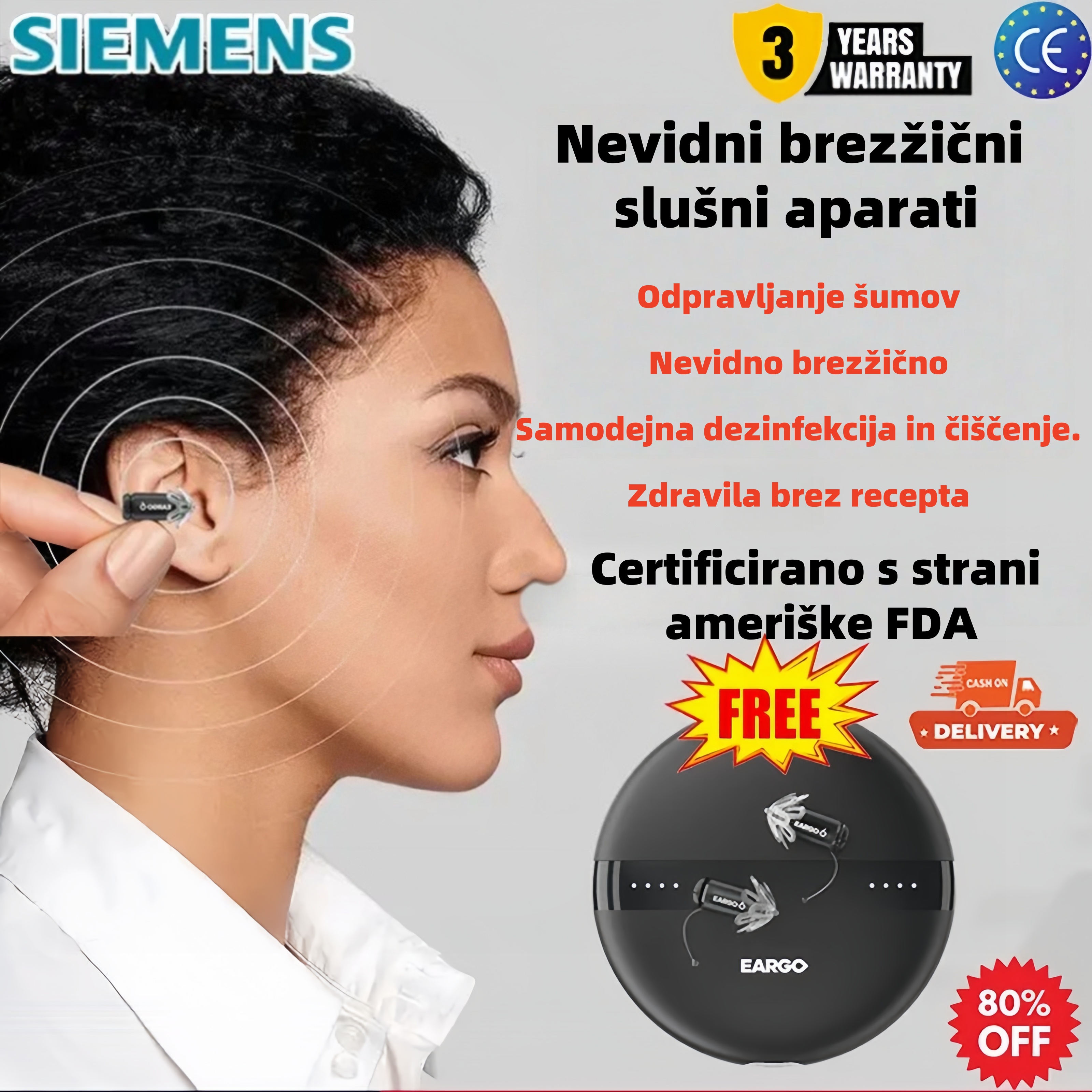 👍🎉【Originalni avtentični】Siemens EARGO 7 OTC slušni aparat – skoraj neviden, polnilen, prilagodljiv CI
