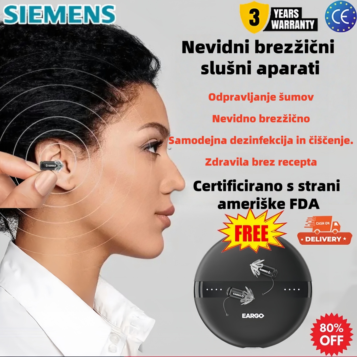 👍🎉【Originalni avtentični】Siemens EARGO 7 OTC slušni aparat – skoraj neviden, polnilen, prilagodljiv CI