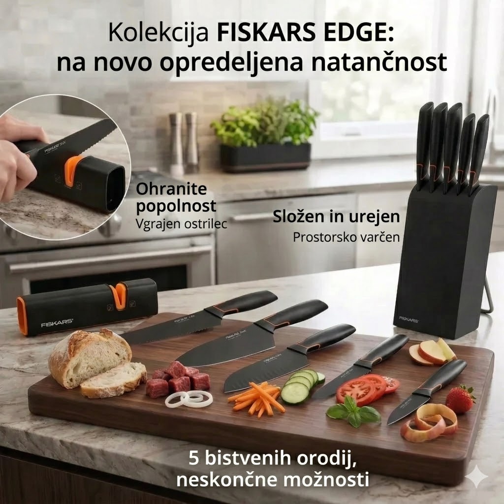 Omejena izdaja: 5-delni komplet nožev FISKARS® (z držalom za nože) – serija FISKARS EDGE, ostri kuhinjski noži + brusilnik