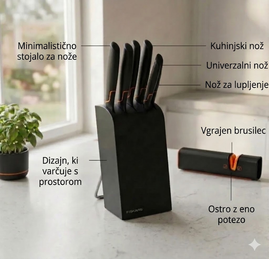 Omejena izdaja: 5-delni komplet nožev FISKARS® (z držalom za nože) – serija FISKARS EDGE, ostri kuhinjski noži + brusilnik
