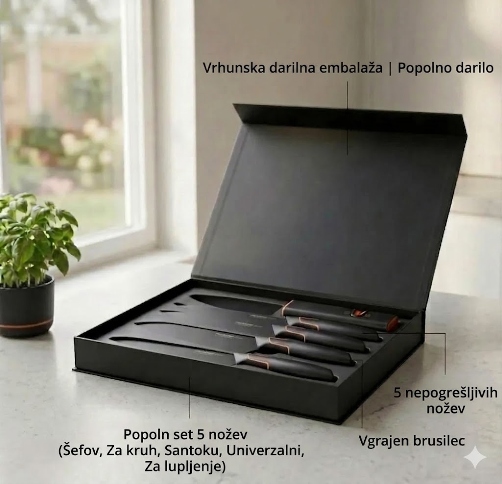 Omejena izdaja: 5-delni komplet nožev FISKARS® (z držalom za nože) – serija FISKARS EDGE, ostri kuhinjski noži + brusilnik